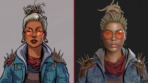 Magic Media, the transition from 2D to 3D character design, comparing a stylized 2D illustration with its lifelike 3D model counterpart, showcasing the depth and realism achievable in modern game art development.