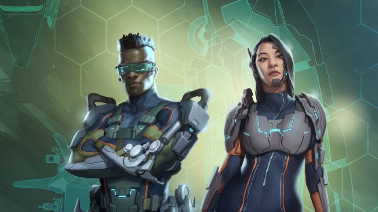 Magic Media AI in Game Development, a futuristic illustration showcasing two characters with advanced armor and high-tech visors, embodying the cutting-edge artificial intelligence used in modern game design.