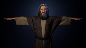 Magic Media 3D Art, a character with a long beard and solemn expression, arms outstretched, wearing a traditional robe, showcasing the studio's capability in creating detailed, lifelike figures for games or interactive media.