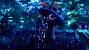 Magic Media Blockchain art, an animated image of a young dragon with a blue body and white markings in a glowing, neon-lit fantasy setting.