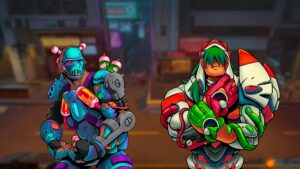 Magic Media Blockchain Game Development, vibrant digital art of two armored characters with futuristic gear, standing back-to-back, ready for action in an urban neon-lit setting.