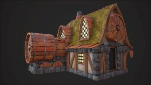 Magic Media Game Development, a digital 3D model of a fantasy-style house, resembling a large barrel on its side.