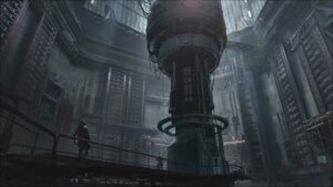 Magic Media Unreal Engine 5, a stunning piece of concept art, featuring a soldier gazing at a massive, intricately designed industrial tower in a dimly lit, dystopian facility.