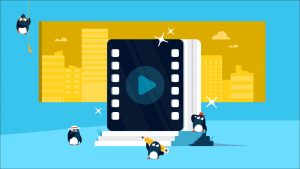 Magic Media brand videos graphic shows playful penguins interacting with a giant clapboard that represents a play button, suggesting the creative and engaging nature of Magic Media's video content.