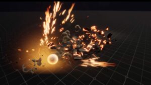 Magic Media real-time VFX, an explosive simulation showcasing scattered debris and bright sparks against a grid backdrop, illustrating high-impact destruction dynamics.