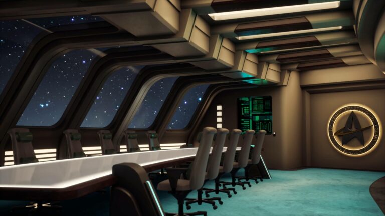 Magic Media Star Trek Resurgence, the bridge of a starship with a view of space through large windows, featuring a central conference table, futuristic chairs, and the iconic Starfleet insignia on the wall.