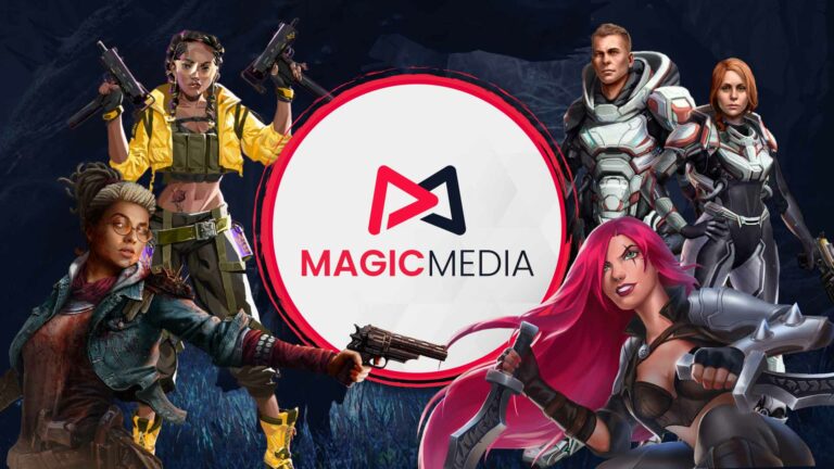 Magic Media presents a dynamic team of video game characters with diverse outfits and weaponry, ready for action.