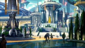 Magic Media The Oikos art depicts a vibrant futuristic city with towering architecture, flying vehicles, and citizens going about their day under a serene sky.