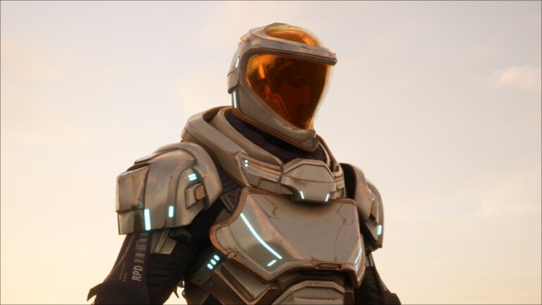 Magic Media 3D Art, close-up of a 3D-modeled futuristic armored character gazing into the distance against a soft sky.