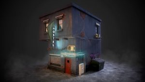 Magic Media video game development presents a highly detailed 3D model of a small, atmospheric urban hostel, illuminated by neon signs and streetlights, showcasing texture work and environmental storytelling in game design.