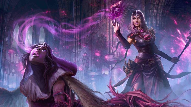 Magic Media VFX, a fantasy illustration depicting a sorceress conjuring a swirling purple energy orb, with an enchanted figure entranced by the spell, all set against the backdrop of a gothic cathedral interior.