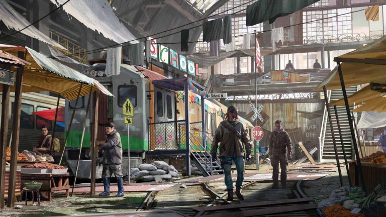 Magic Media Console Game Development, a bustling urban makeshift marketplace scene within a repurposed train station.