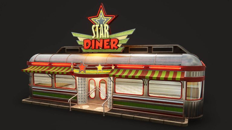 Magic Media Destroy All Humans 2, a 3D art piece of a classic American diner, with a vibrant 