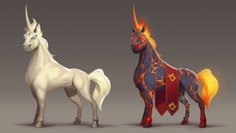 Magic Media Blockchain gaming, an illustration of two horses with mythical themes. The left is a pale unicorn with a spiraled horn and blue eyes. The right is a fiery horse with a lava-like body and a glowing mane.