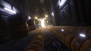 Magic Media Game Development, a shadowy sci-fi corridor illuminated by the silhouette of a humanoid figure, showcasing atmospheric lighting and texture work in game environment design.