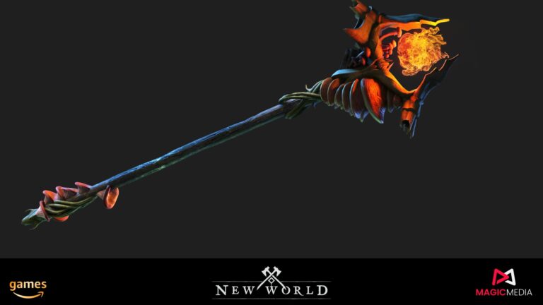 Magic Media New World 3D video game art, an intricately designed fiery staff weapon against a dark background, showcasing detailed texturing and modeling.