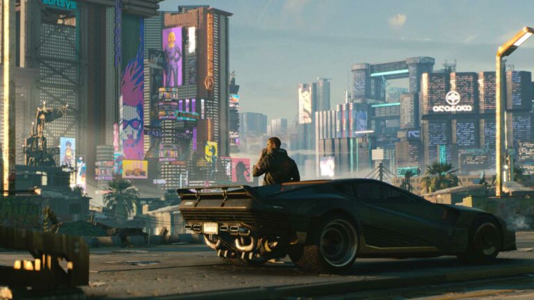 Magic Media and Cyberpunk 2077: Phantom Liberty, a character leans on a futuristic car against the backdrop of a vibrant, neon-lit cityscape, capturing the essence of the game's cyberpunk aesthetic.