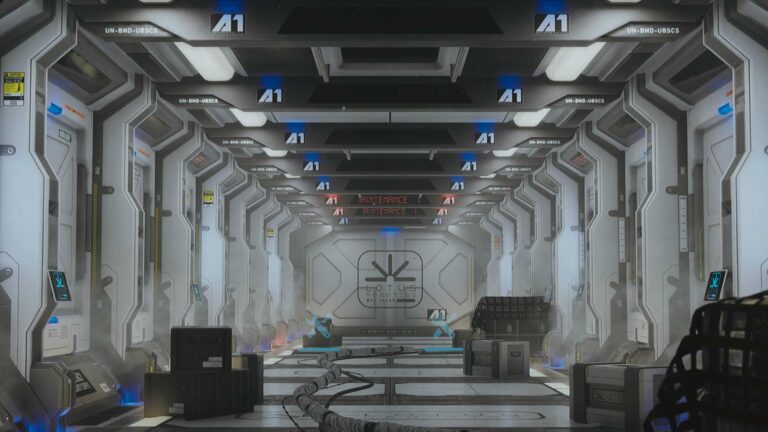 Magic Media game co-development, a corridor within a futuristic spaceship, rendered with high-detail and clean metallic textures, highlighting advanced 3D modeling and environmental design.