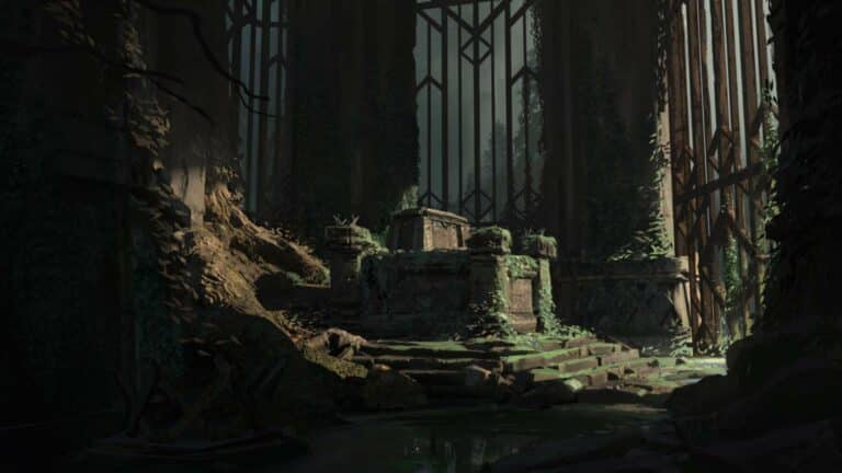 Magic Media and full-cycle game development, an atmospheric scene of ancient ruins overgrown with vegetation, showcasing the detailed environment art achievable through comprehensive game development.