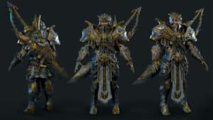 Magic Media game character design, a video game character in blue and gold armor, posing with a large weapon, highlighting detailed design and craftsmanship.