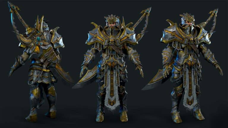 Magic Media game character design, a video game character in blue and gold armor, posing with a large weapon, highlighting detailed design and craftsmanship.