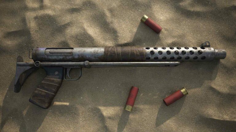 Magic Media 3D Game Art, weathered submachine gun and ammunition shells on sand.