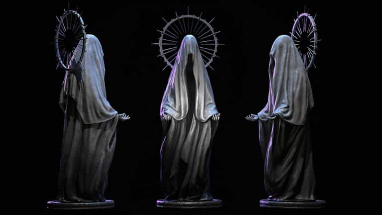 Magic Media Art Production for Synapse, a trio of statues with glowing halos in monochrome, blending classical sculpture with contemporary digital art.