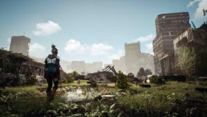 Magic Media PlayStation Games, a solitary character gazing at an overgrown urban landscape, showcasing a blend of nature and dilapidated buildings under a clear blue sky.