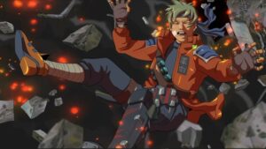 Magic Media Gamma 4, an action-packed 2D animation scene featuring a character in an orange space suit, propelled through a debris-filled cosmos with a look of shock and determination.