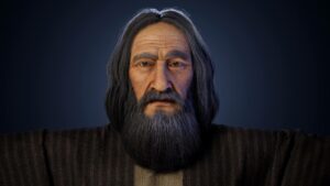 Magic Media 3D modeling, a realistic portrayal of an elder man with gray beard and contemplative gaze against a dark blue backdrop.