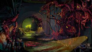 Magic Media showcases game design excellence with concept art depicting a spacecraft interior overrun by sinister red tentacles enveloping a luminescent core.