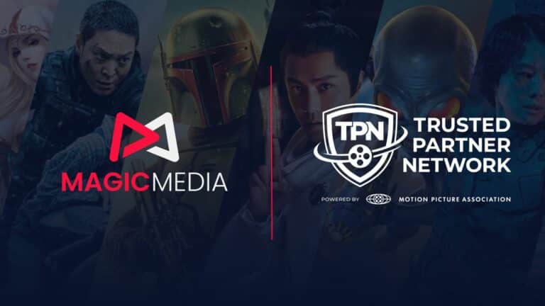 Magic Media and TPN Vendor Status, a professional graphic showcasing a partnership between Magic Media and the Trusted Partner Network, featuring iconic imagery from popular entertainment and media.