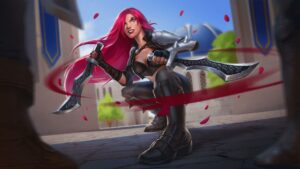 Magic Media's dynamic character design for game ports, featuring a warrior with vibrant pink hair and silver armor, wielding a curved sword, poised for battle in a sunlit medieval courtyard.