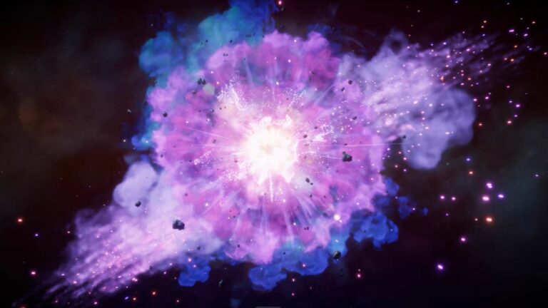 Magic Media Console and PC Game Development, featuring an explosion of colors in a cosmic setting, with a radiant burst of pink, purple, and blue hues amidst a starry backdrop.