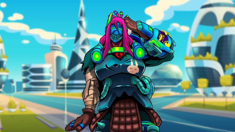 Magic Media, a vibrant character with pink hair and futuristic armor salutes in a dynamic pose against a stylized cityscape, representing the imaginative character design in game development.