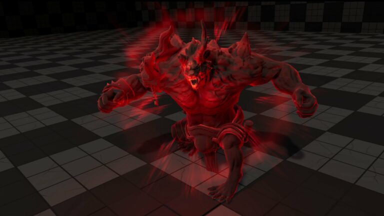 Magic Media real-time VFX, a menacing, glowing red demon creature crouches on a reflective checkered floor.