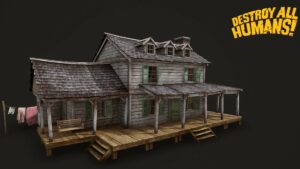 Magic Media's Destroy All Humans! video games remake, a detailed 3D model of a rustic wooden house with weathered shutters, set on a raised platform, with a clothesline to the side, against a dark backdrop.