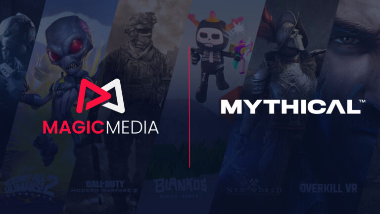 Magic Media and Mythical Games, a promotional image featuring a montage of various video game characters from multiple genres, highlighting the collaborative efforts in game design and development.