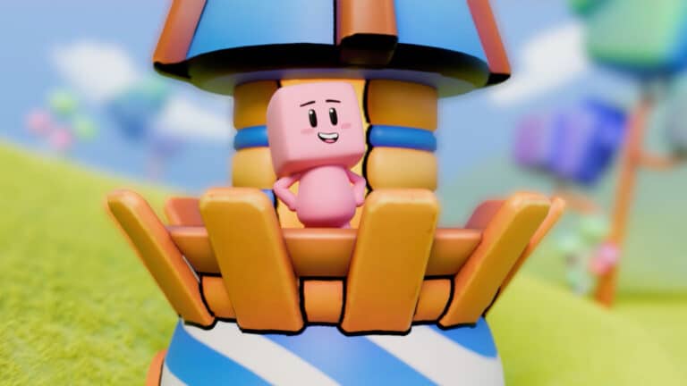 Magic Media The Goombles, full-cycle game development, a charming pink cube character smiling and sitting atop a colorful playground structure, set against a backdrop of a whimsical game world, showcasing vibrant graphics and playful design.