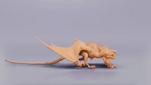 Magic Media Game Animation, a detailed, clay-toned dragon with expansive wings, spikes, and intricate textures, prepared for digital animation in a fantasy game setting.