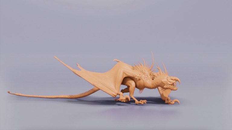 Magic Media Game Animation, a detailed, clay-toned dragon with expansive wings, spikes, and intricate textures, prepared for digital animation in a fantasy game setting.