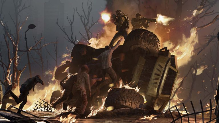 Magic Media Game VFX, an intense scene of destruction where a soldier fires a weapon amidst flaming debris, overturned vehicles, and fleeing figures in a desolate, fire-engulfed landscape.