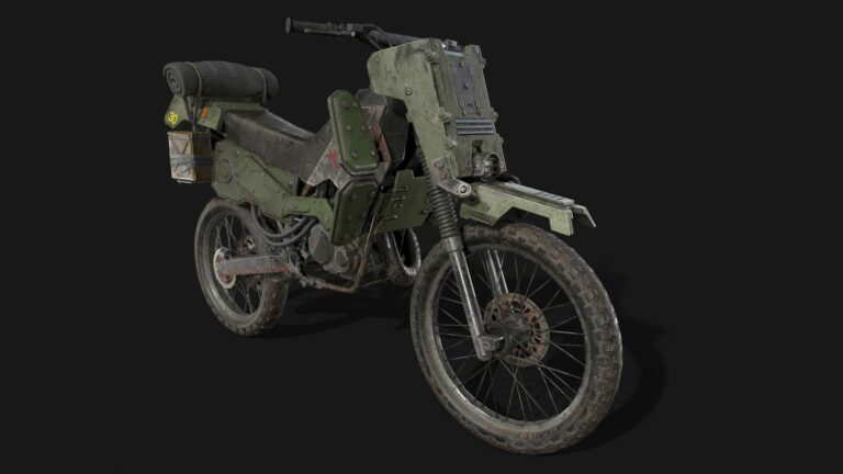 Magic Media Generation Zero 3D art assets, a highly detailed post-apocalyptic motorcycle with a rugged design, equipped with a roll mat and utility boxes, showcased on a dark background.