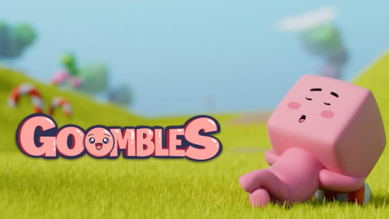 Magic Media' The Goombles full-cycle game development, a charming pink character resting on verdant grass, encapsulating the vibrant and playful spirit of the game set in an inviting, fantastical world.