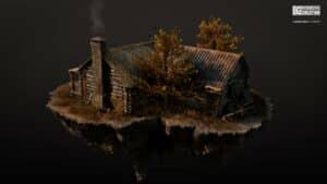 Magic Media 3D Game Art, a highly detailed digital artwork of an old wooden cabin on a floating landmass, set against a dark background.