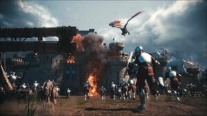 Magic Media VFX, a dramatic medieval battle scene with armored knights charging towards a fortress under siege, a dragon soaring overhead, and a catapult launching a fiery assault.