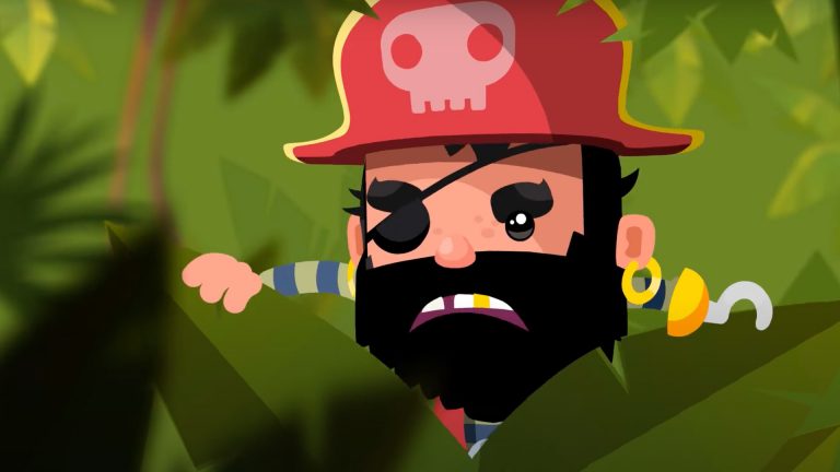 Magic Media CRM Videos, a stylized, cartoonish pirate with a bushy black beard, eye patch, red hat with a skull, and a gold earring peeks through dense jungle foliage.