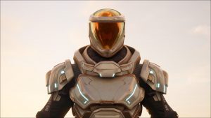 Magic Media 3D art of a futuristic armored character with a reflective visor, showcasing advanced suit design with illuminated accents, ready for action in a sci-fi game environment.