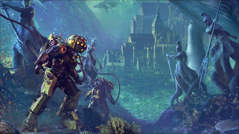 Magic Media game art, divers in heavy, rustic exosuits explore an underwater realm, teeming with marine life, alongside mythical statues and ruins that hint at an ancient, sunken civilization.