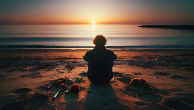 Man sitting on beach surrounded by his deceased dog's toys 
